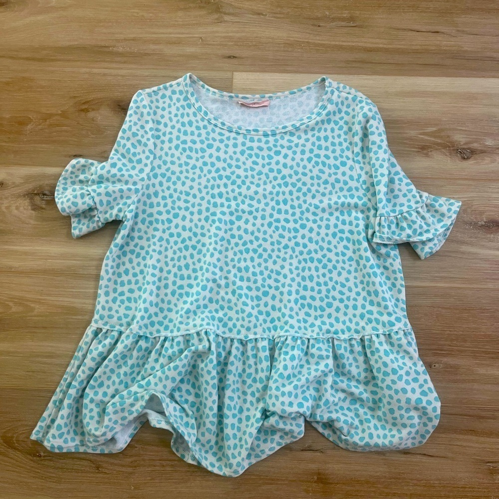 Ces Femme Cheetah Peplum Blouse. Women's Sz-M Teal | White | Soft | Chic| EUC